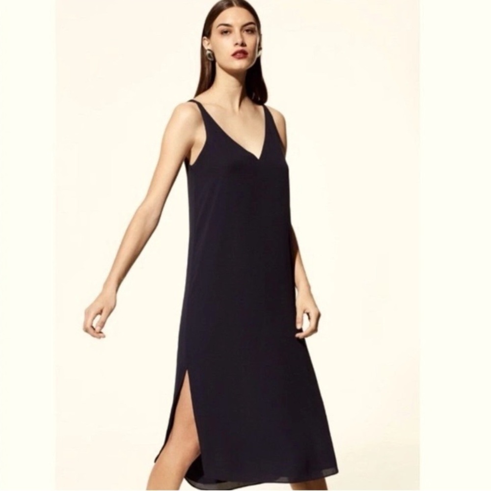Babaton Black V-Neck Midi Dress size large chiffon side slit